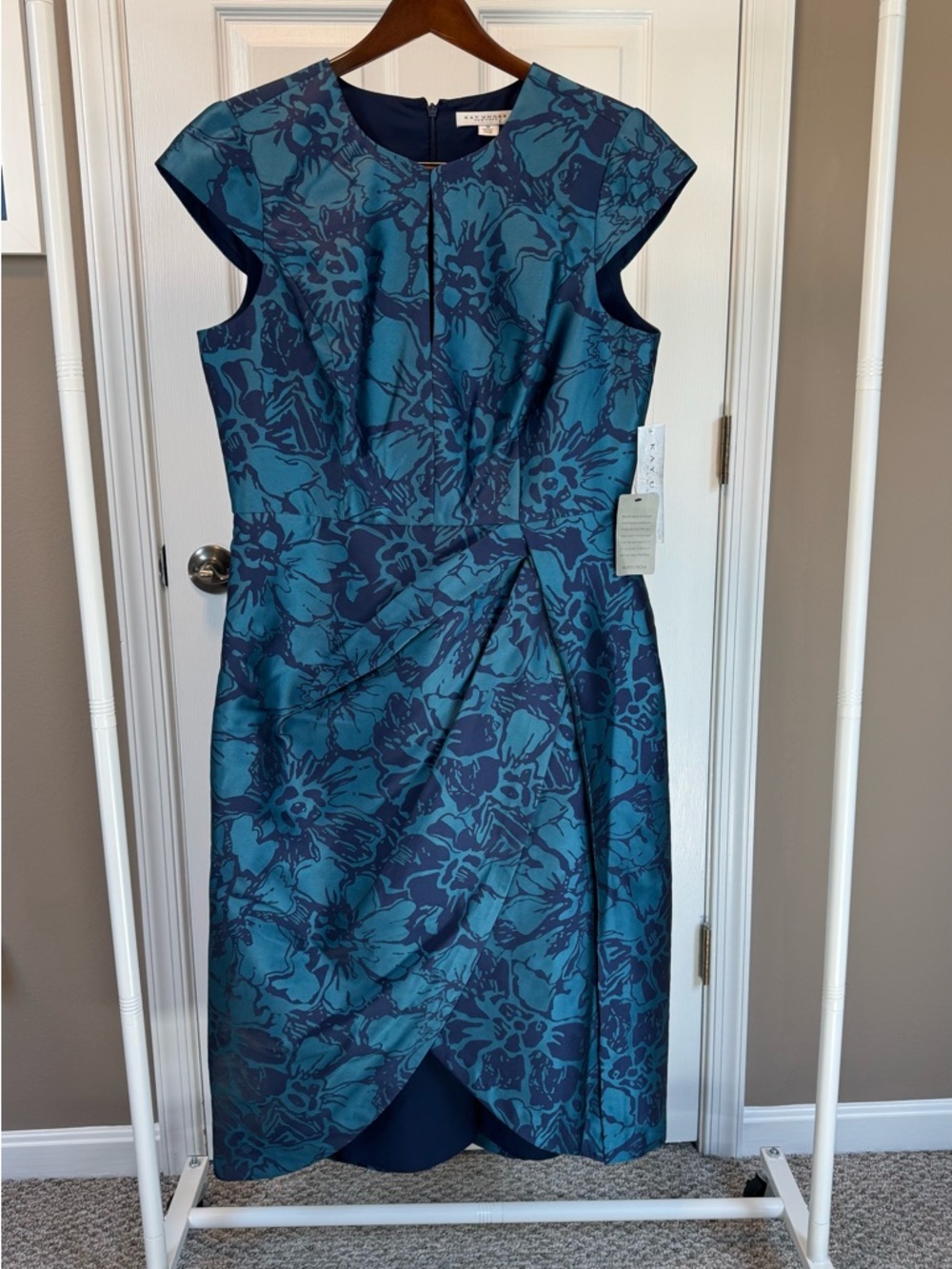 Kay Unger Teal and Navy Floral Jacquard Midi Dress Size 14 - NWT